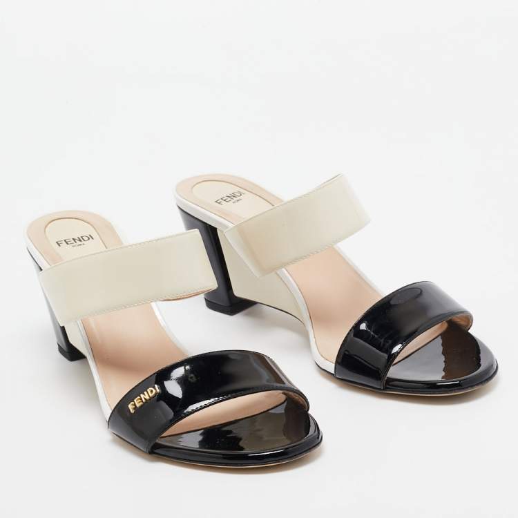 Pre Owned Fendi Cream/Black Patent Leather Wedge Slides Size 38.5