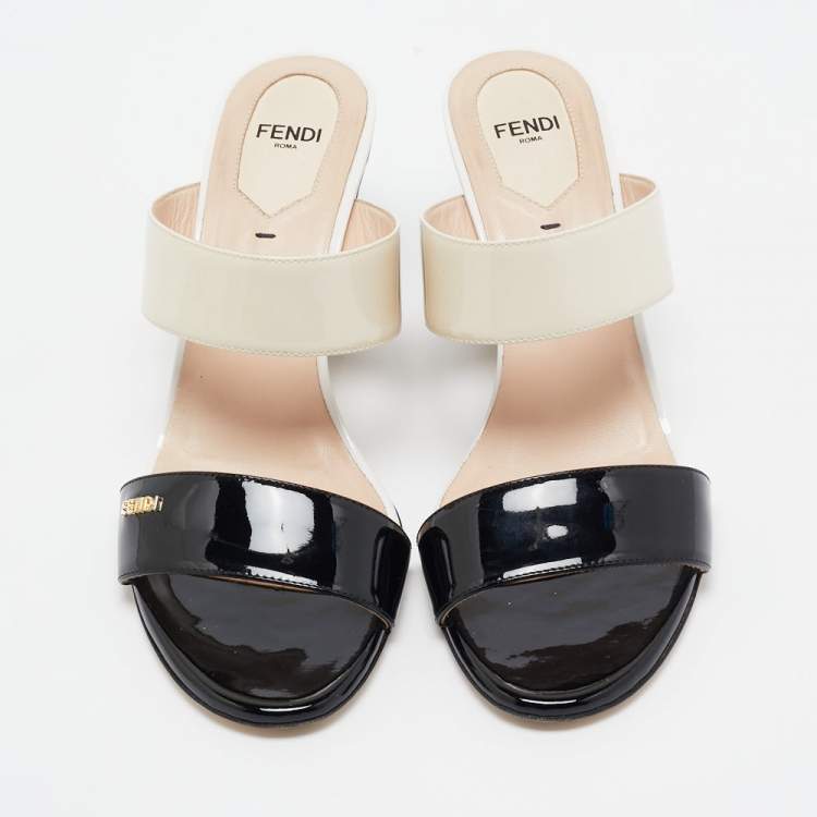 Pre Owned Fendi Cream/Black Patent Leather Wedge Slides Size 38.5