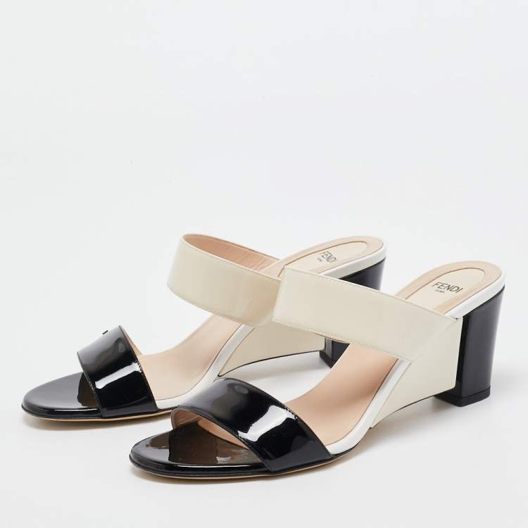 Pre Owned Fendi Cream/Black Patent Leather Wedge Slides Size 38.5