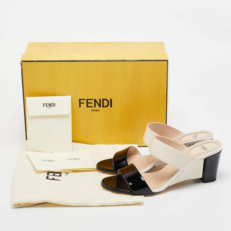 Pre Owned Fendi Cream/Black Patent Leather Wedge Slides Size 38.5