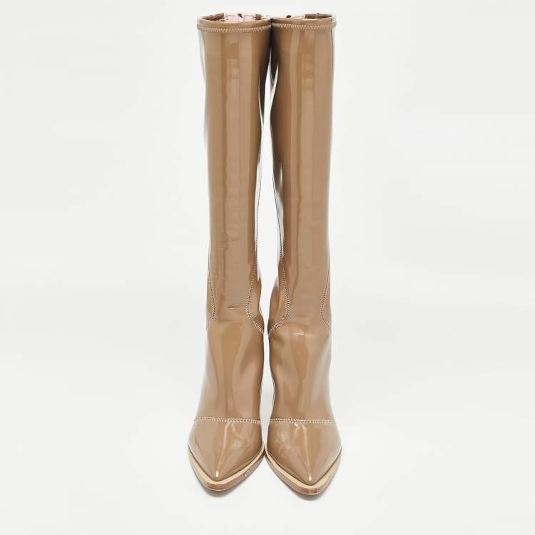 Pre Owned Fendi Brown Patent Leather Knee Length Boots Size 39.5