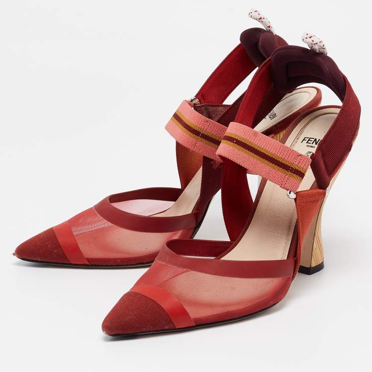Pre Owned Fendi Burgundy Mesh and Canvas Colibri Slingback Pumps Size 39