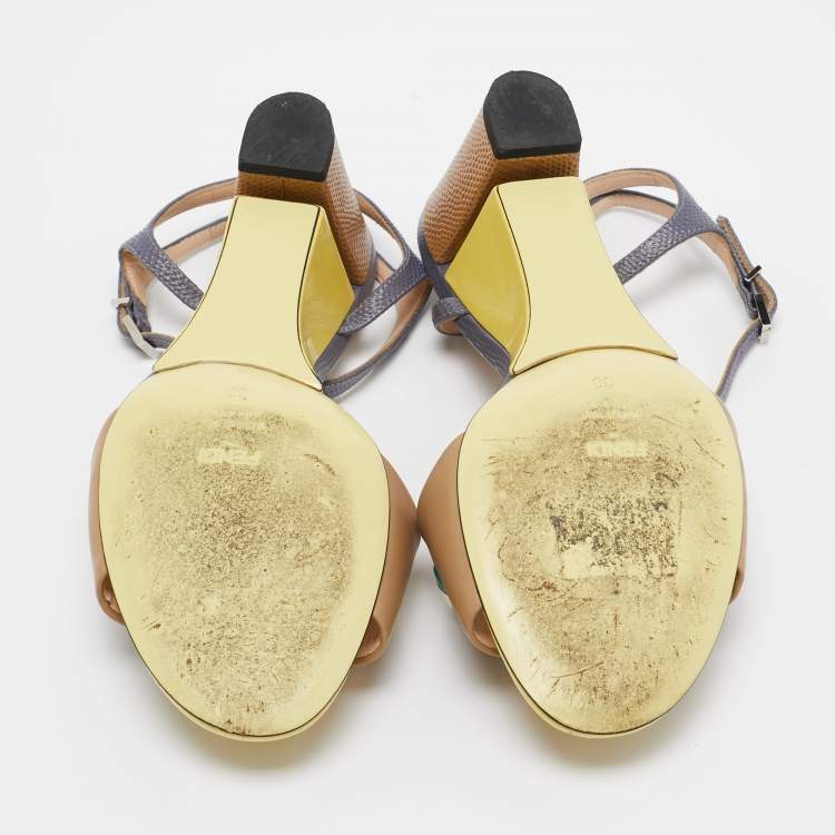 Pre Owned Fendi Multicolor Leather and Lizard Embossed Fantasia Ankle Strap Sandals Size 38