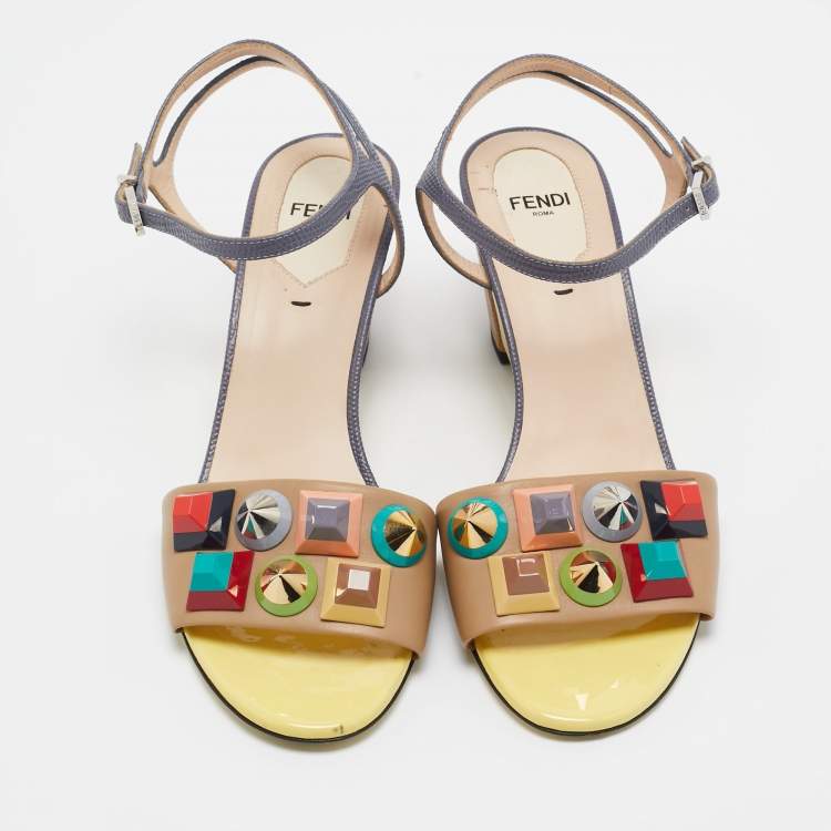 Pre Owned Fendi Multicolor Leather and Lizard Embossed Fantasia Ankle Strap Sandals Size 38