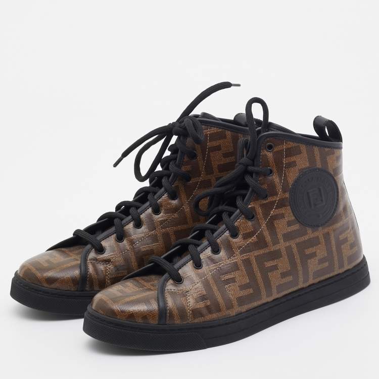 Pre Owned Fendi Brown Zucca Coated Canvas Lace-up High-Top Sneakers Size 38