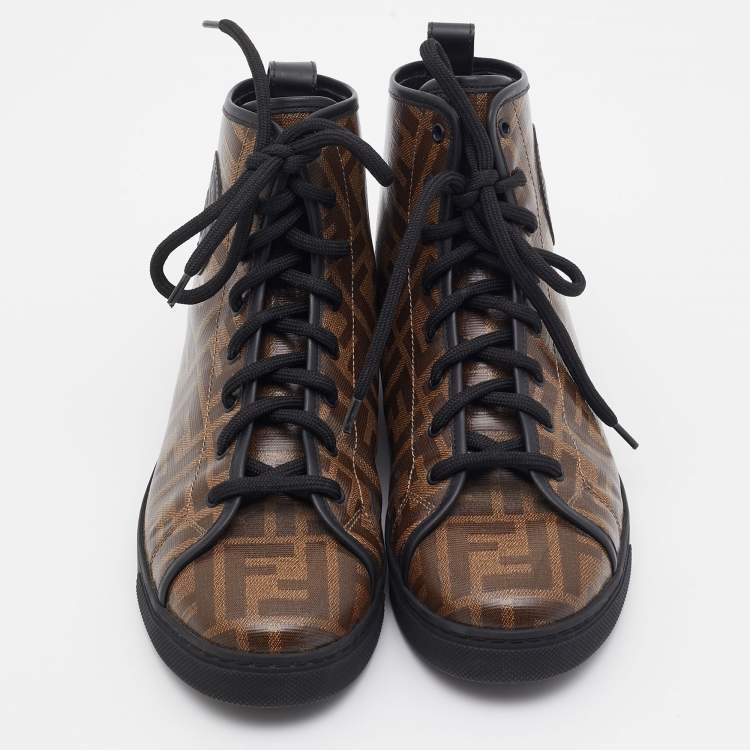 Pre Owned Fendi Brown Zucca Coated Canvas Lace-up High-Top Sneakers Size 38