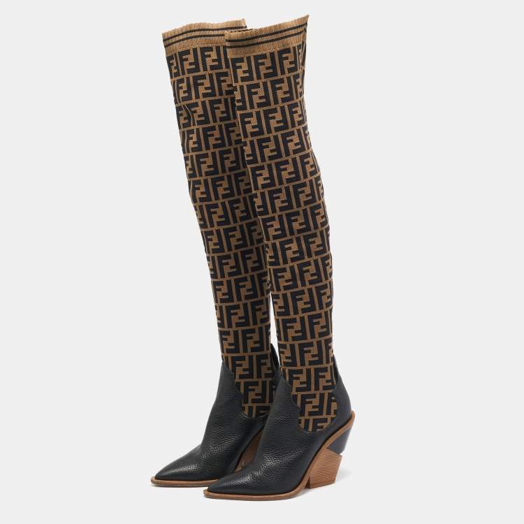 Pre Owned Fendi Brown/Black FF Zucca Canvas And Leather Over The Knee Length Boots Size 39