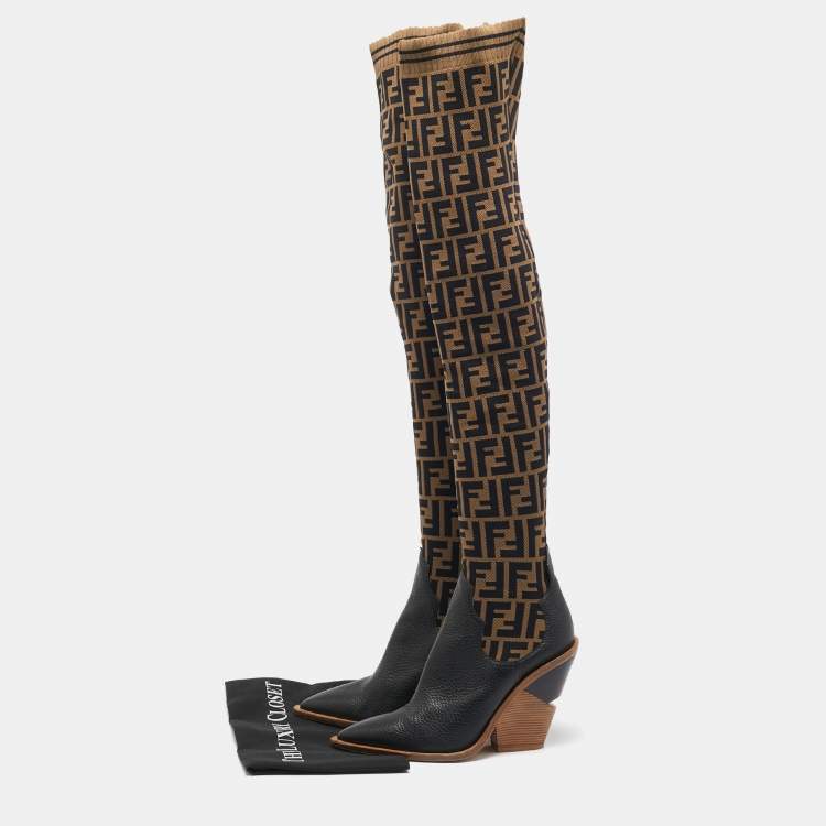 Pre Owned Fendi Brown/Black FF Zucca Canvas And Leather Over The Knee Length Boots Size 39