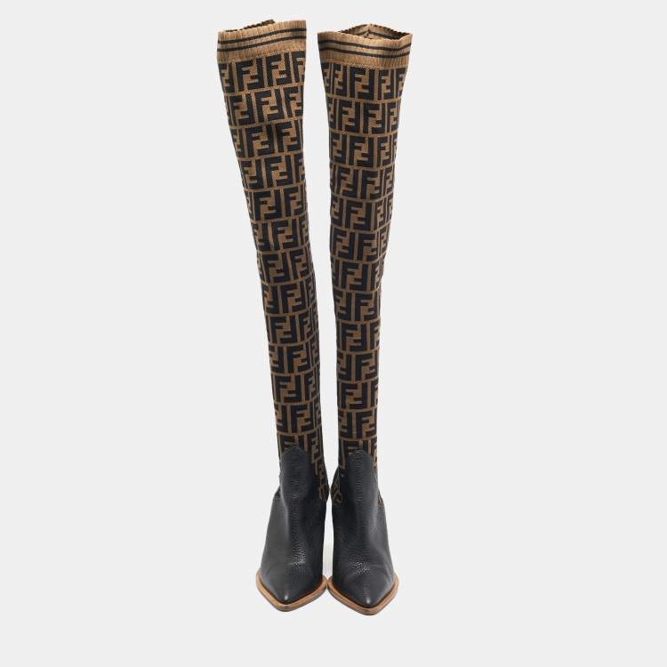 Pre Owned Fendi Brown/Black FF Zucca Canvas And Leather Over The Knee Length Boots Size 39