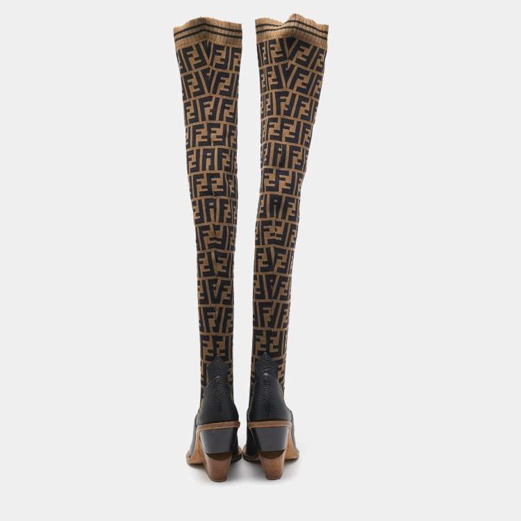 Pre Owned Fendi Brown/Black FF Zucca Canvas And Leather Over The Knee Length Boots Size 39