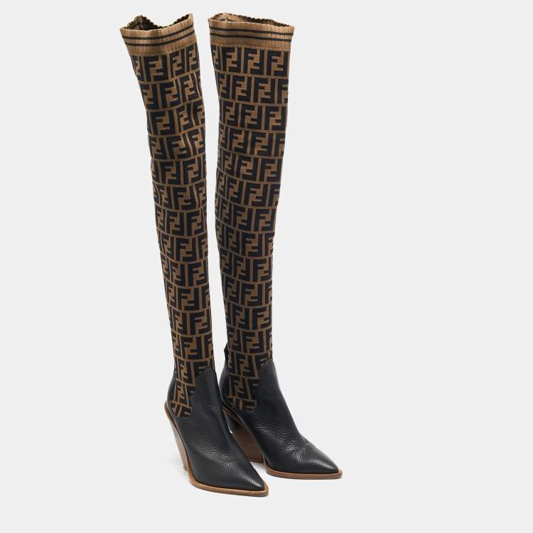 Pre Owned Fendi Brown/Black FF Zucca Canvas And Leather Over The Knee Length Boots Size 39