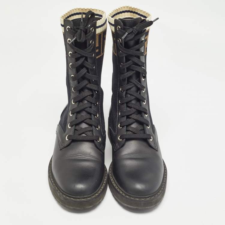 مملوكة مسبقًا Fendi Black Leather and Zucca Stretch Fabric Rockoko Combat Boots Size 37.5