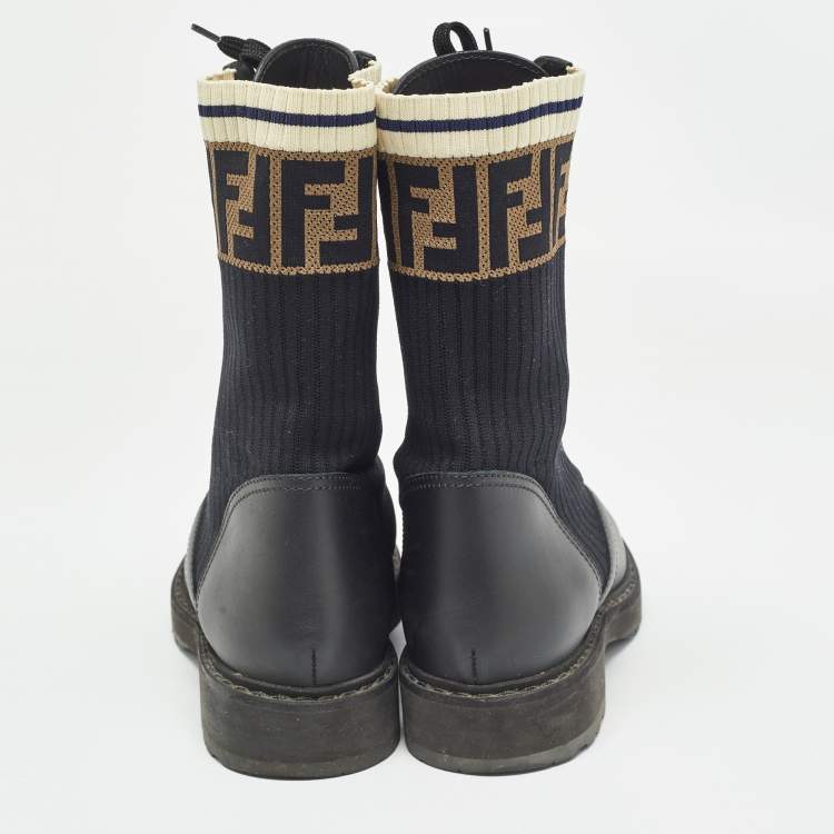 مملوكة مسبقًا Fendi Black Leather and Zucca Stretch Fabric Rockoko Combat Boots Size 37.5