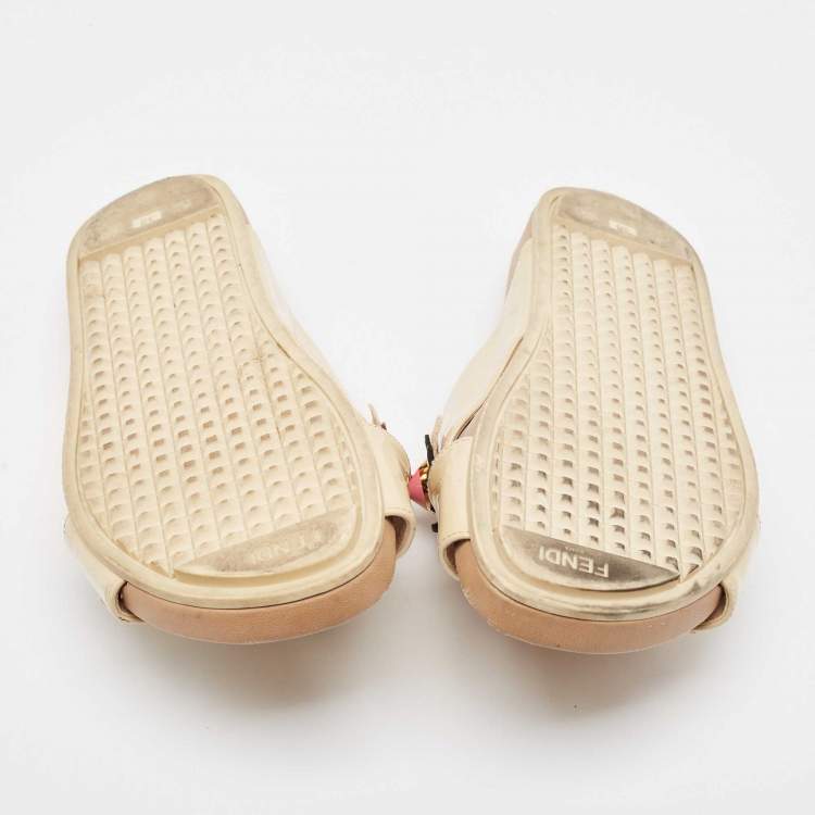 Pre Owned Fendi Beige Patent Leather Flowerland Slides Size 38