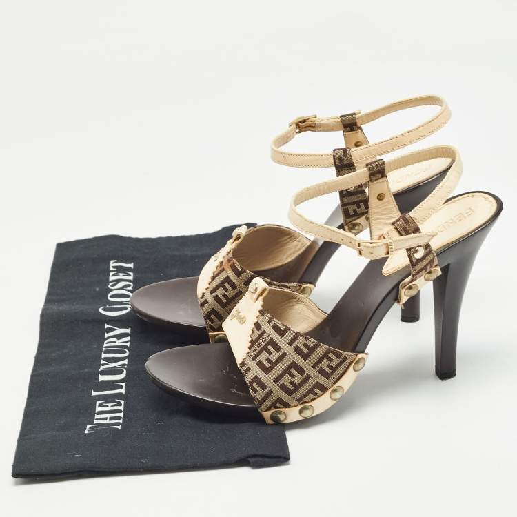 Pre Owned Fendi Brown/Cream Zucca Canvas and Leather Ankle Strap Sandals Size 39