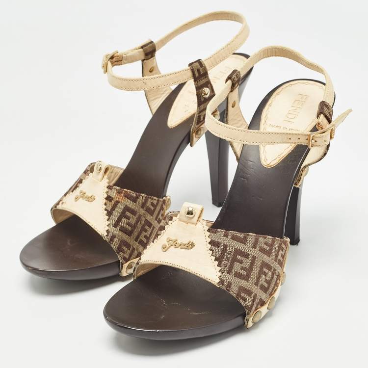 Pre Owned Fendi Brown/Cream Zucca Canvas and Leather Ankle Strap Sandals Size 39