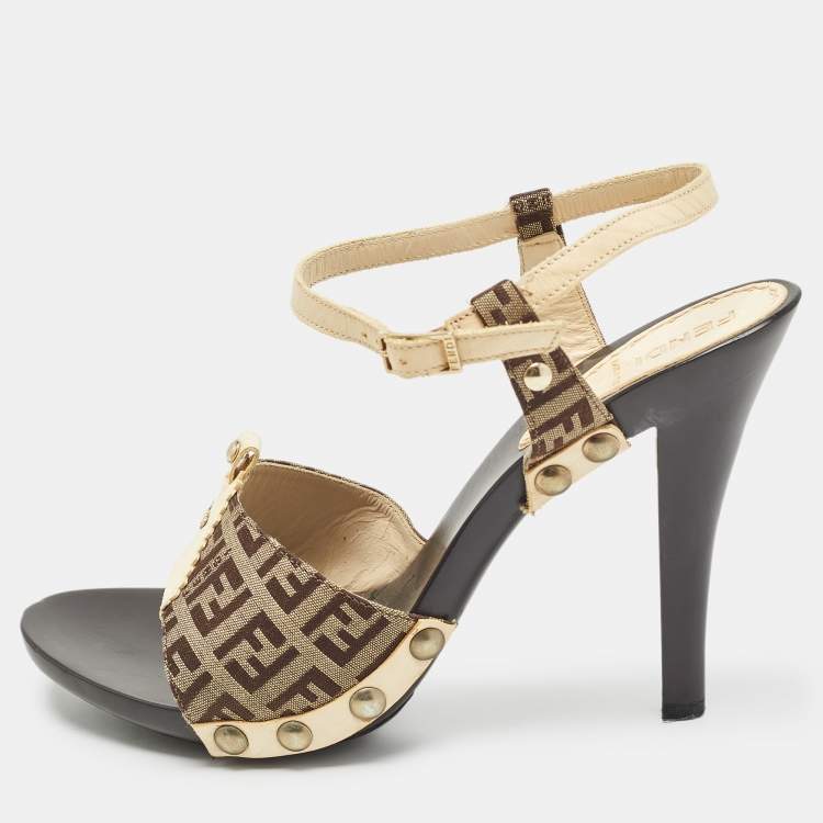 Pre Owned Fendi Brown/Cream Zucca Canvas and Leather Ankle Strap Sandals Size 39
