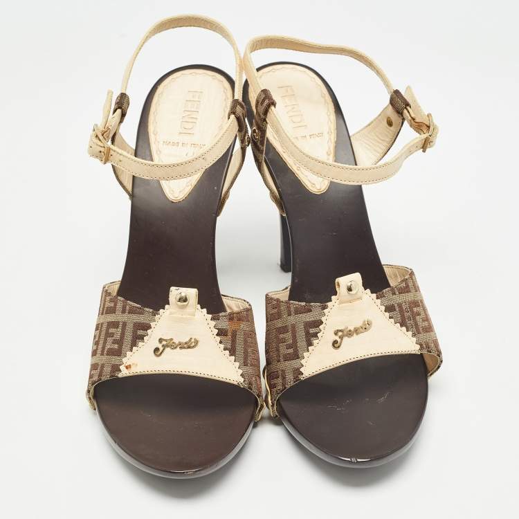Pre Owned Fendi Brown/Cream Zucca Canvas and Leather Ankle Strap Sandals Size 39