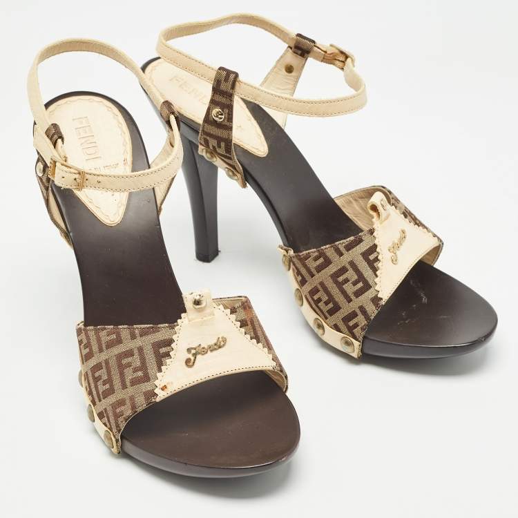 Pre Owned Fendi Brown/Cream Zucca Canvas and Leather Ankle Strap Sandals Size 39