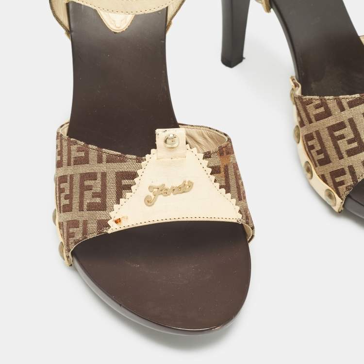 Pre Owned Fendi Brown/Cream Zucca Canvas and Leather Ankle Strap Sandals Size 39