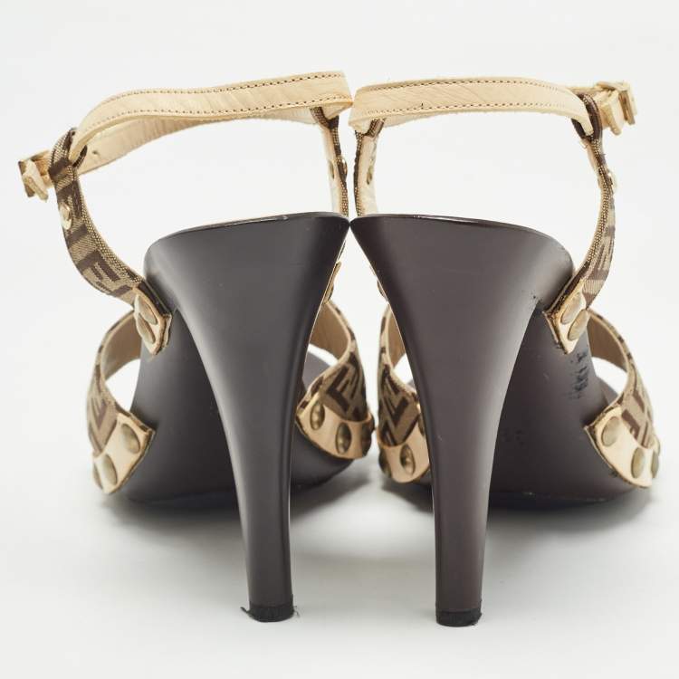Pre Owned Fendi Brown/Cream Zucca Canvas and Leather Ankle Strap Sandals Size 39