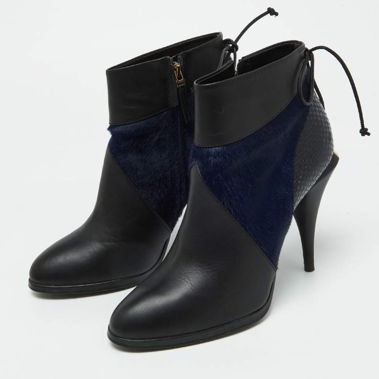 Pre Owned Fendi Black/Blue Leather,Snake Embossed and Calfhair Ankle Boots Size 38.5