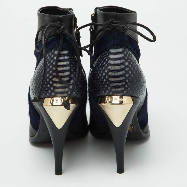 Pre Owned Fendi Black/Blue Leather,Snake Embossed and Calfhair Ankle Boots Size 38.5
