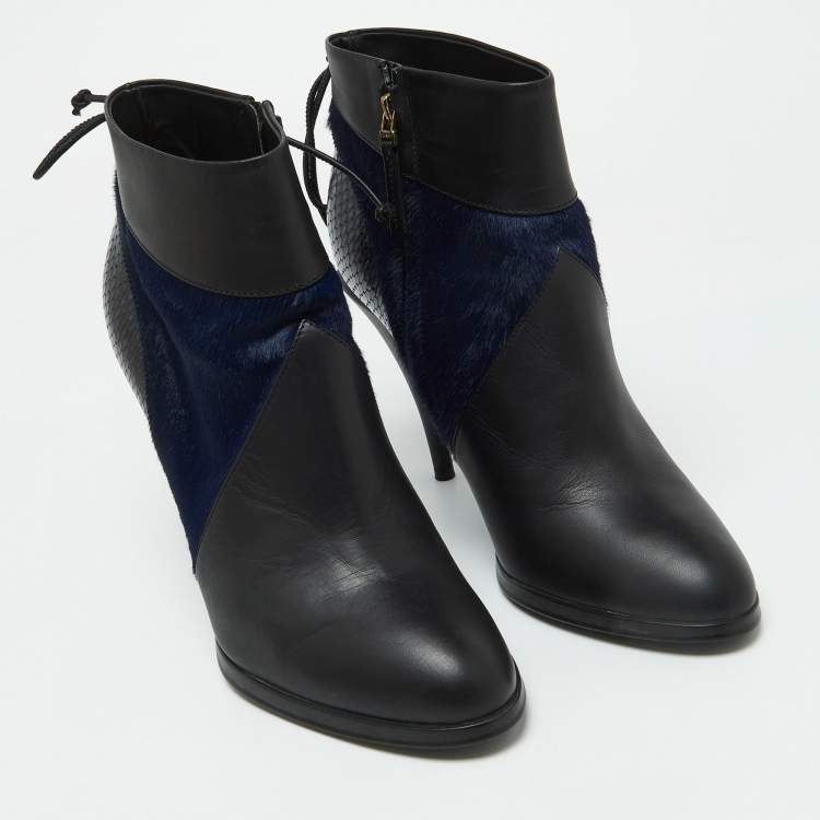 Pre Owned Fendi Black/Blue Leather,Snake Embossed and Calfhair Ankle Boots Size 38.5