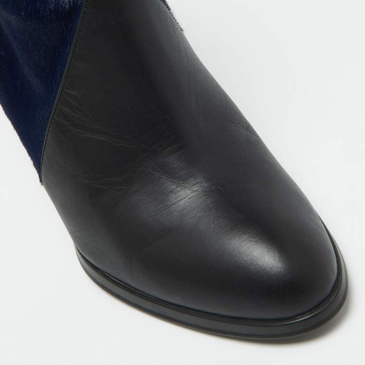 Pre Owned Fendi Black/Blue Leather,Snake Embossed and Calfhair Ankle Boots Size 38.5