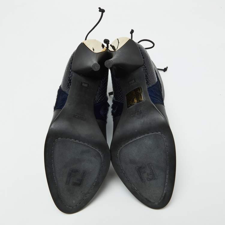Pre Owned Fendi Black/Blue Leather,Snake Embossed and Calfhair Ankle Boots Size 38.5