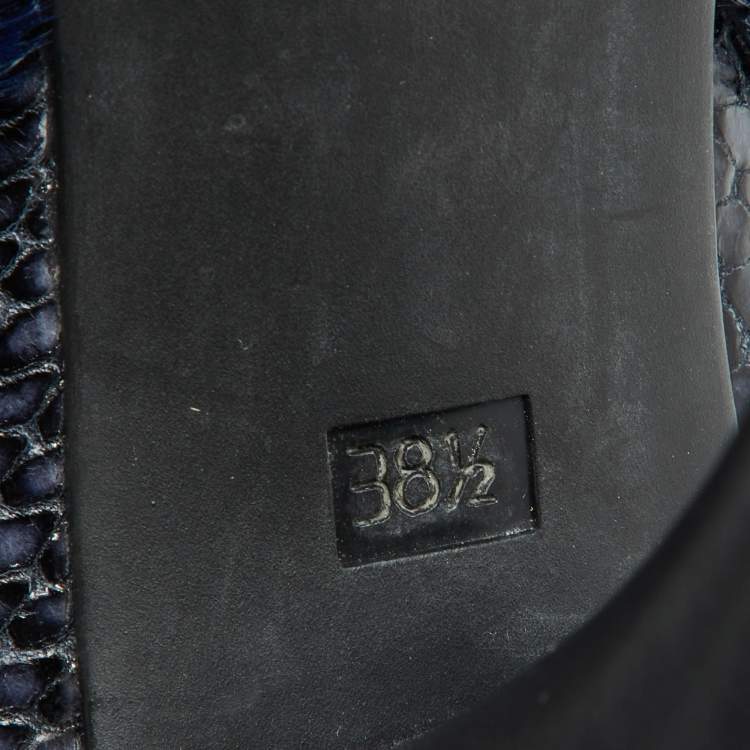 Pre Owned Fendi Black/Blue Leather,Snake Embossed and Calfhair Ankle Boots Size 38.5