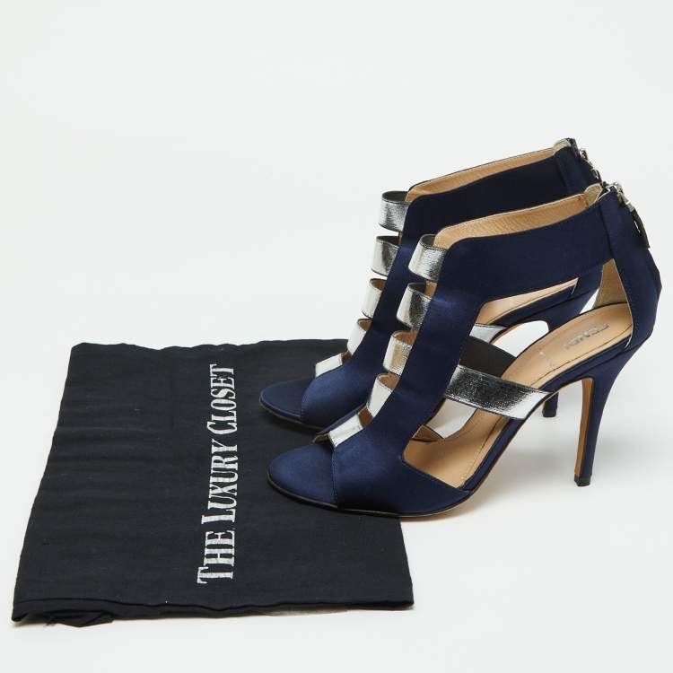 Pre Owned Fendi Blue/Silver Strappy Satin Peep Toe Zipper Sandals Size 37.5
