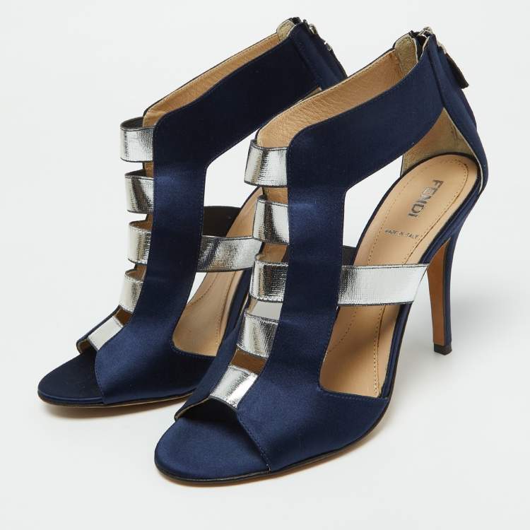 Pre Owned Fendi Blue/Silver Strappy Satin Peep Toe Zipper Sandals Size 37.5