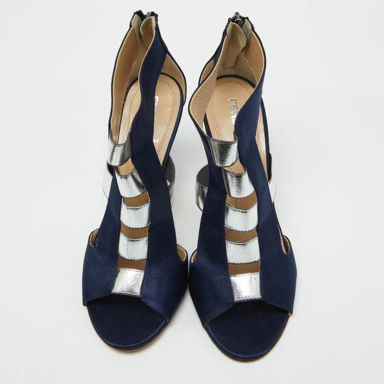 Pre Owned Fendi Blue/Silver Strappy Satin Peep Toe Zipper Sandals Size 37.5