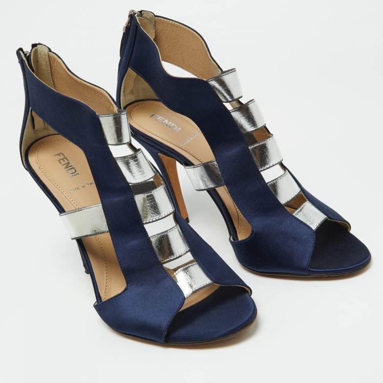 Pre Owned Fendi Blue/Silver Strappy Satin Peep Toe Zipper Sandals Size 37.5