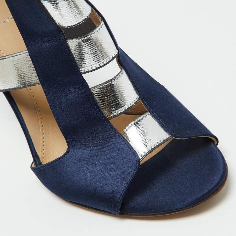 Pre Owned Fendi Blue/Silver Strappy Satin Peep Toe Zipper Sandals Size 37.5