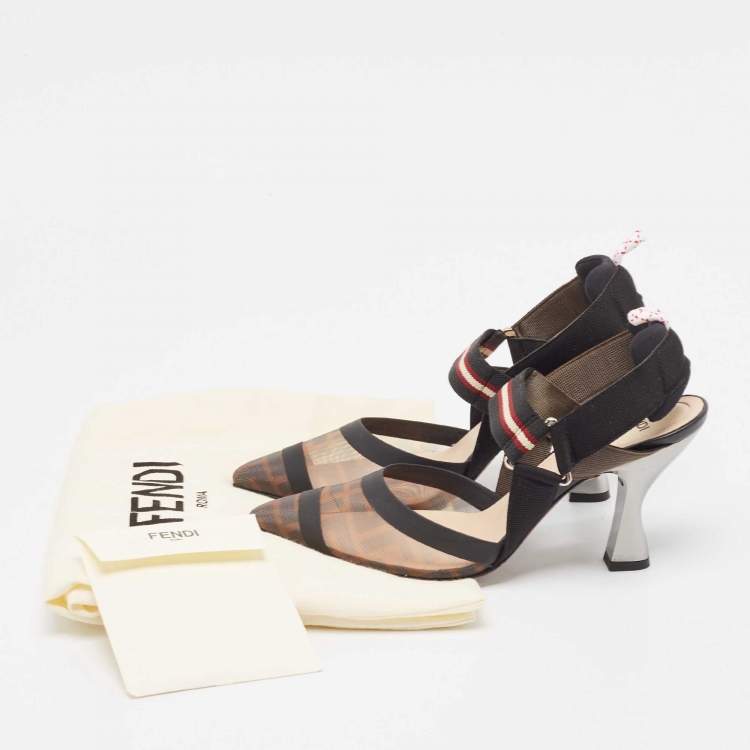 Pre Owned Fendi Black/Brown Zucca Mesh and Leather Colibri Pumps Size 37