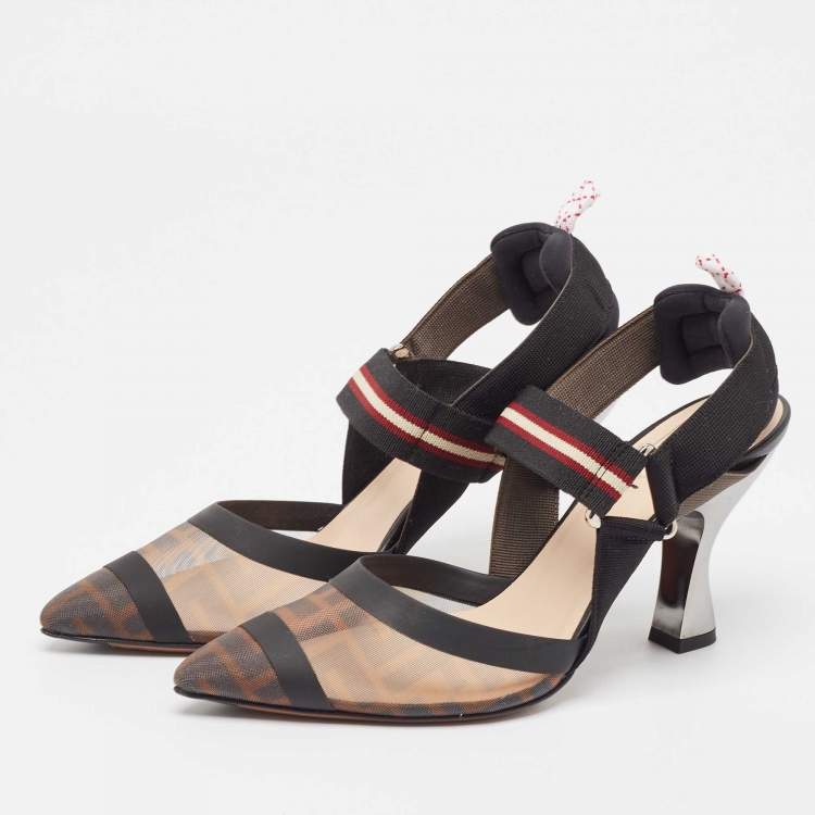Pre Owned Fendi Black/Brown Zucca Mesh and Leather Colibri Pumps Size 37