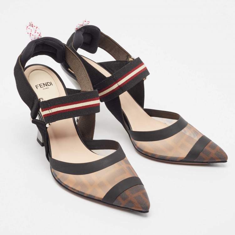 Pre Owned Fendi Black/Brown Zucca Mesh and Leather Colibri Pumps Size 37