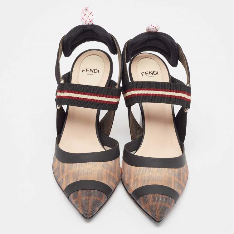 Pre Owned Fendi Black/Brown Zucca Mesh and Leather Colibri Pumps Size 37