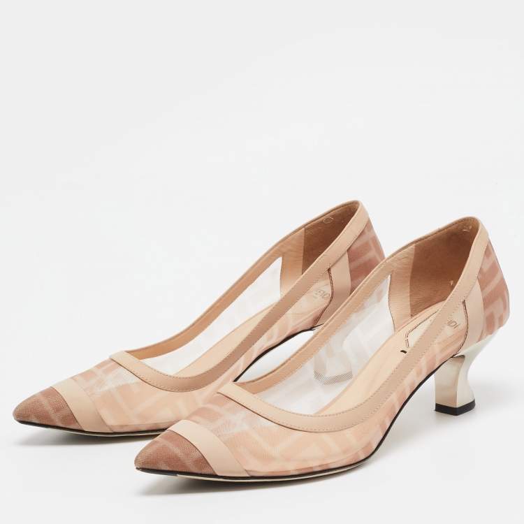 Pre Owned Fendi Light Pink/Brown Zucca Mesh and Leather Colibri Pumps Size 39