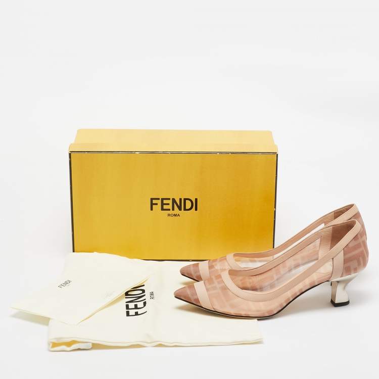 Pre Owned Fendi Light Pink/Brown Zucca Mesh and Leather Colibri Pumps Size 39