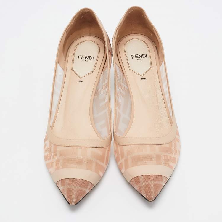 Pre Owned Fendi Light Pink/Brown Zucca Mesh and Leather Colibri Pumps Size 39