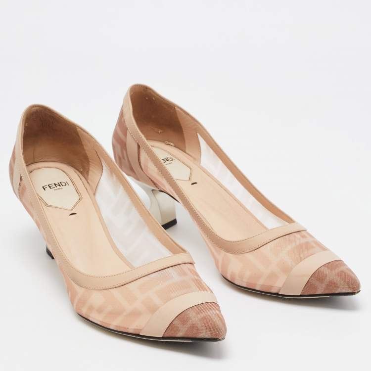 Pre Owned Fendi Light Pink/Brown Zucca Mesh and Leather Colibri Pumps Size 39