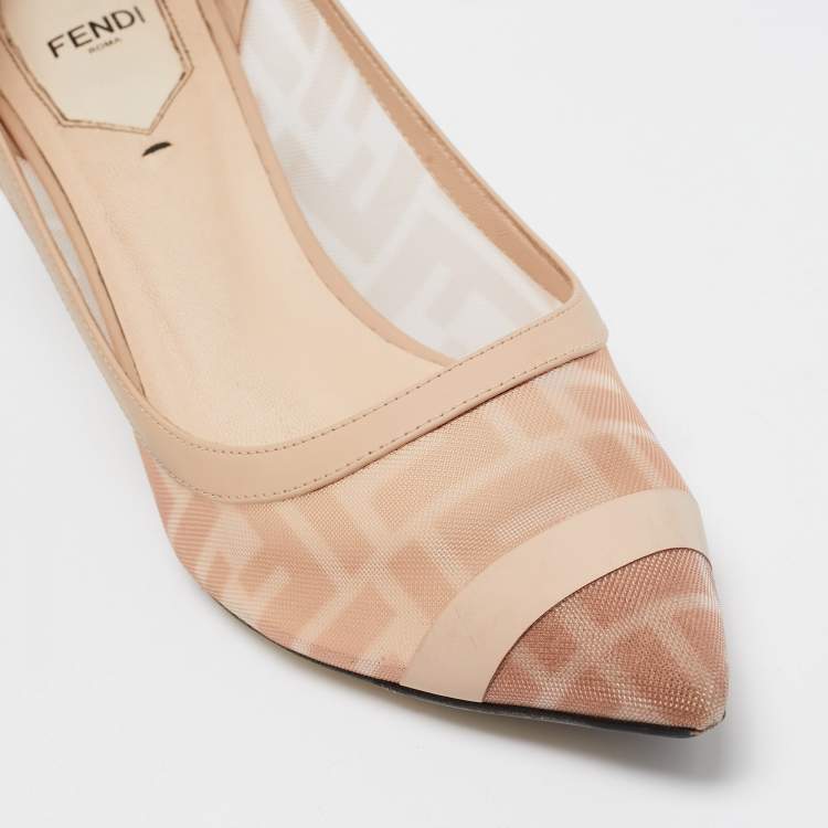 Pre Owned Fendi Light Pink/Brown Zucca Mesh and Leather Colibri Pumps Size 39