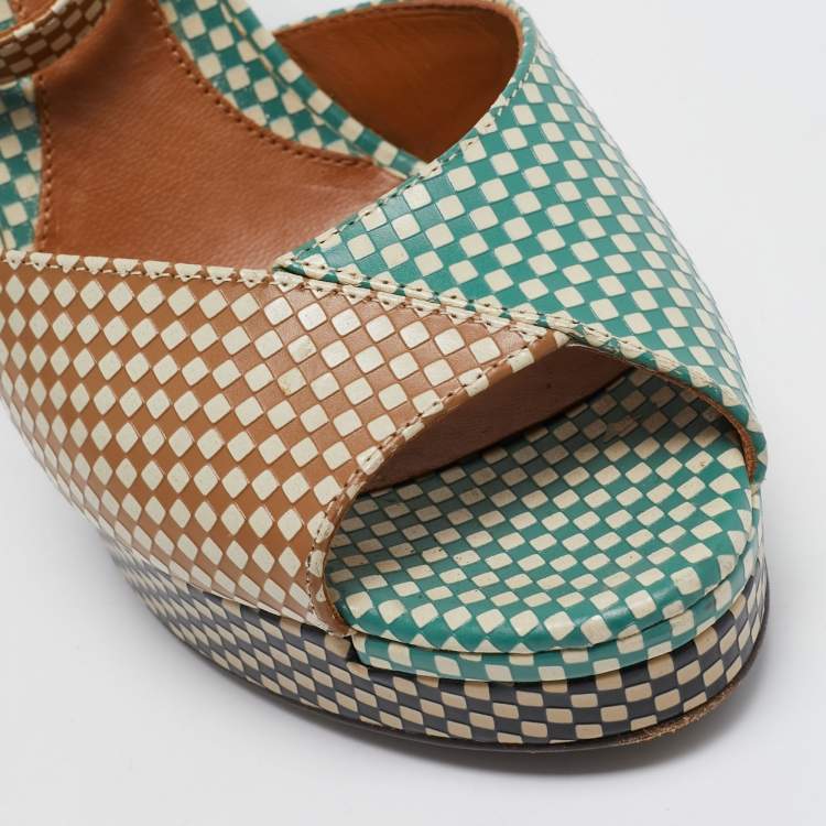 Pre Owned Fendi Brown/Green Checkered Leather Platform Ankle Strap Sandals Size 39