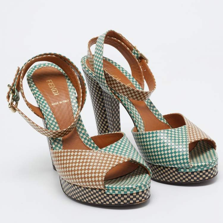 Pre Owned Fendi Brown/Green Checkered Leather Platform Ankle Strap Sandals Size 39