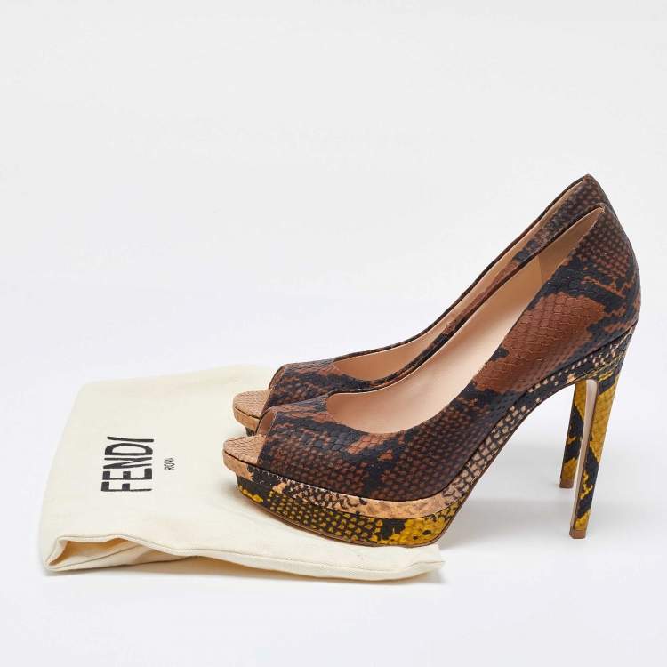 Pre Owned Fendi Multicolor Python Embossed Leather Peep Toe Platform Pumps Size 40