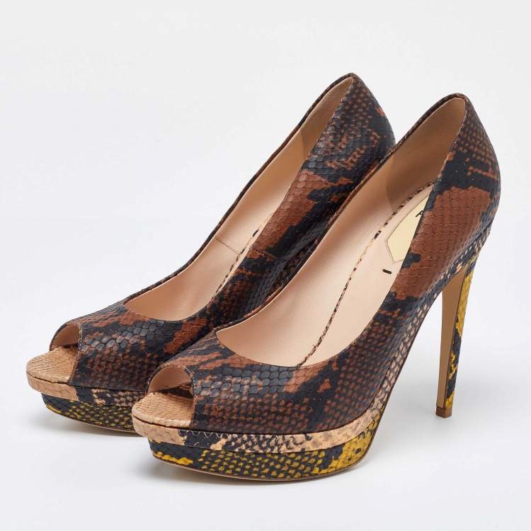 Pre Owned Fendi Multicolor Python Embossed Leather Peep Toe Platform Pumps Size 40