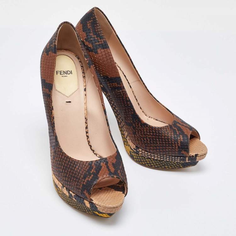 Pre Owned Fendi Multicolor Python Embossed Leather Peep Toe Platform Pumps Size 40
